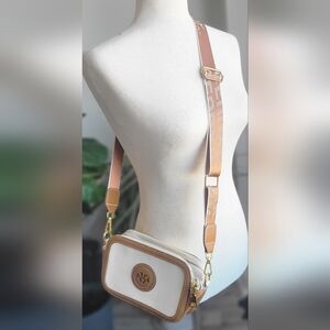 Beige Brown Cross Canvas and Tan Leather Crossbody Bag w/ Adjustable Logo Strap